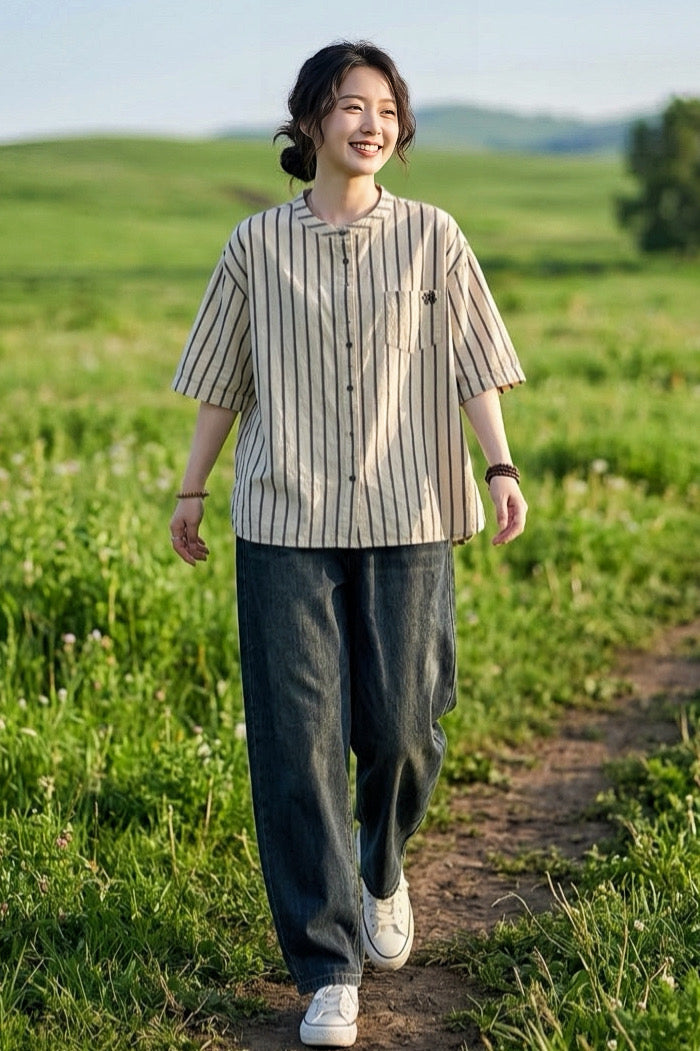 เสื้อเชิ้ตคอตตอนญี่ปุ่นลายทางทรงยาว รุ่น C221