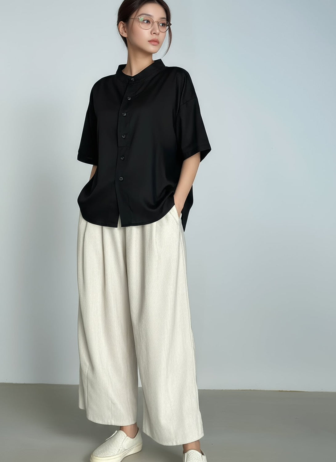 D451_คอจีนแขนสั้น ผ้าคอตตอนวอชเชอร์เนื้อนิ่ม ทรงหลวมมินิมัล