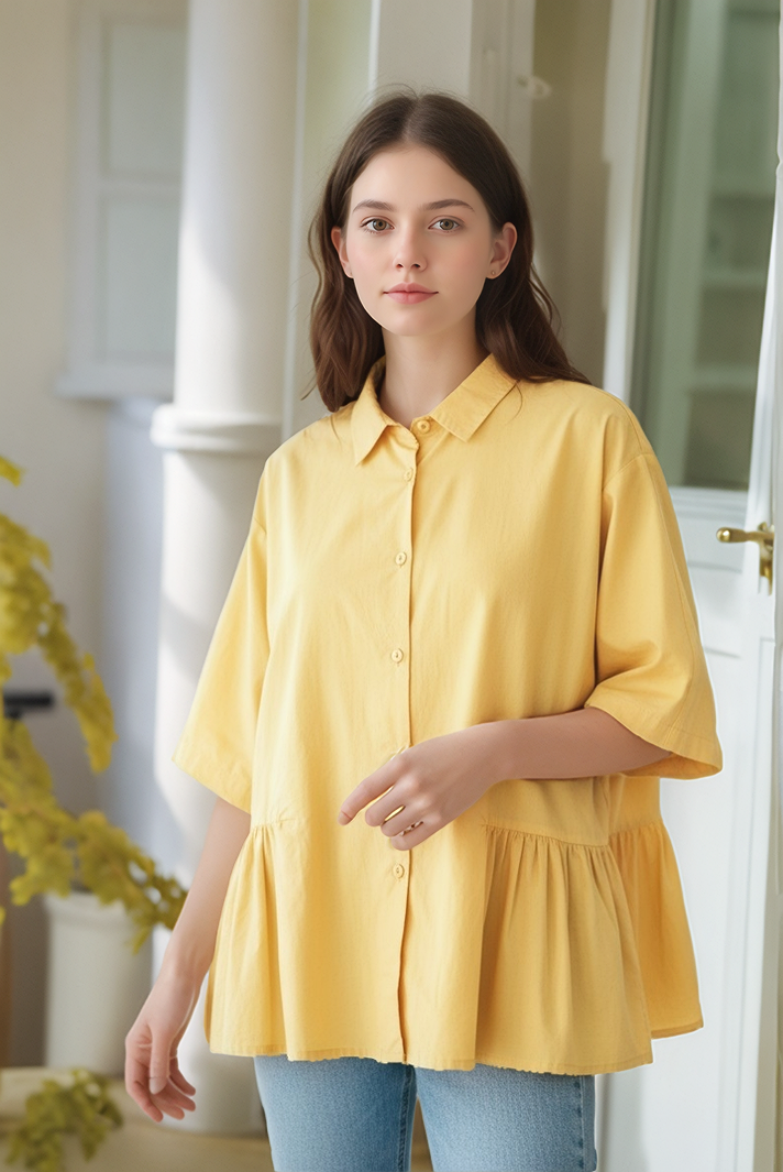 S422_Washer Cotton Pleated Hem Shirt – Minimal Japanese Style