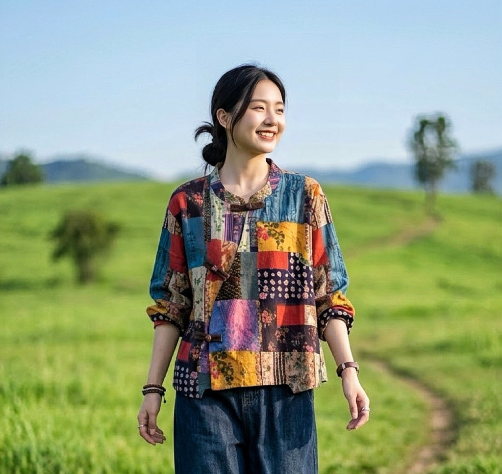 เสื้อคอจีนลายต่อ Patchwork ผ้าสาลูญี่ปุ่น รุ่น A84