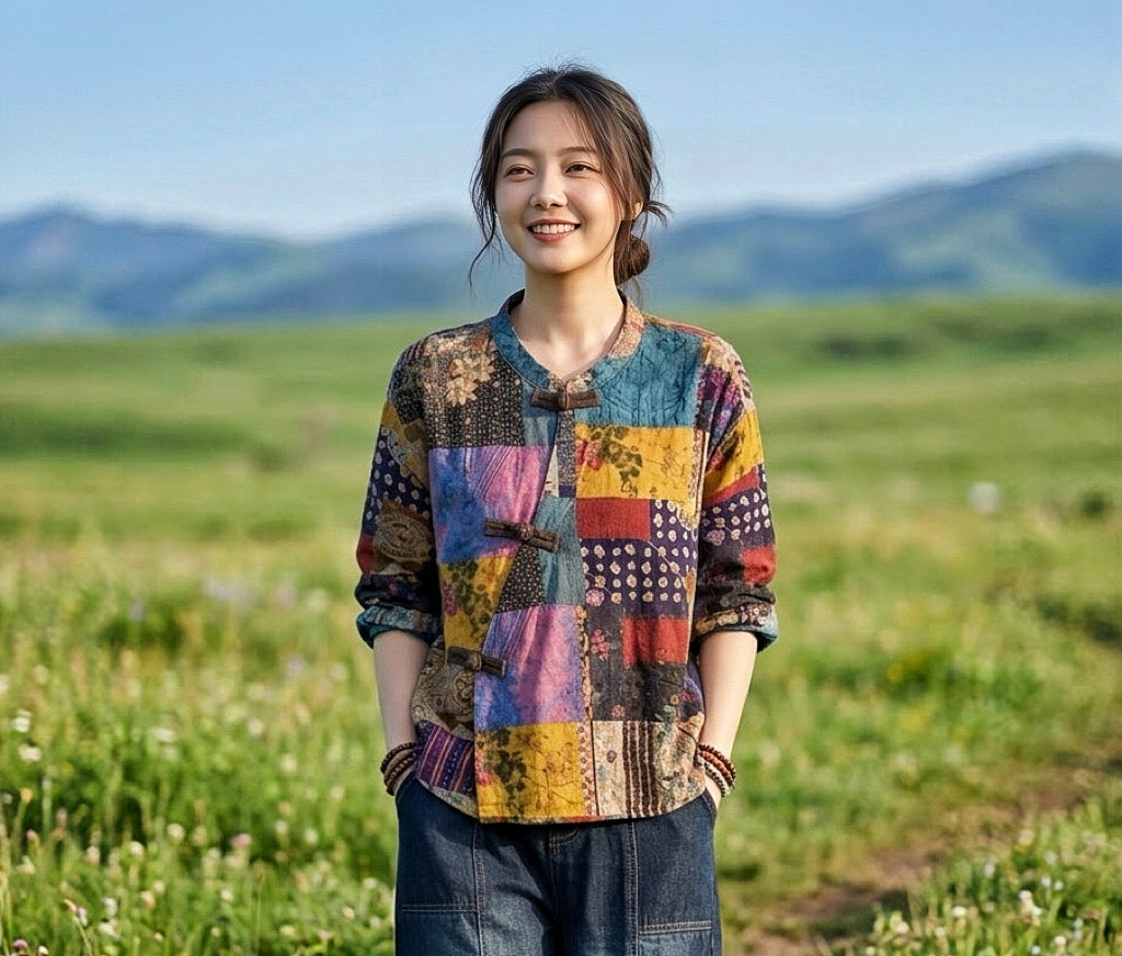 เสื้อคอจีนลายต่อ Patchwork ผ้าสาลูญี่ปุ่น รุ่น A84