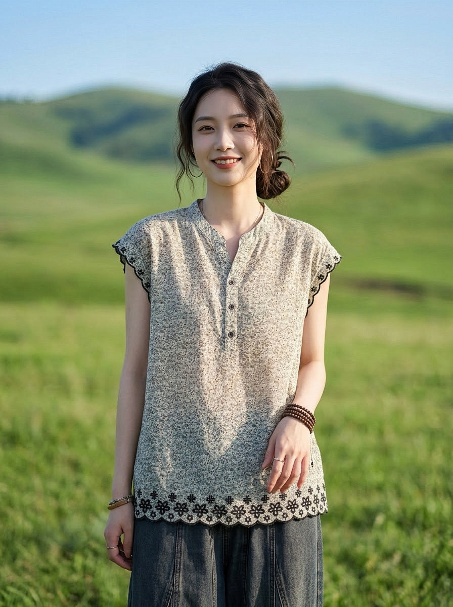 เสื้อฝ้ายผสมลินินลายดอกแต่งงานปัก รุ่น B186