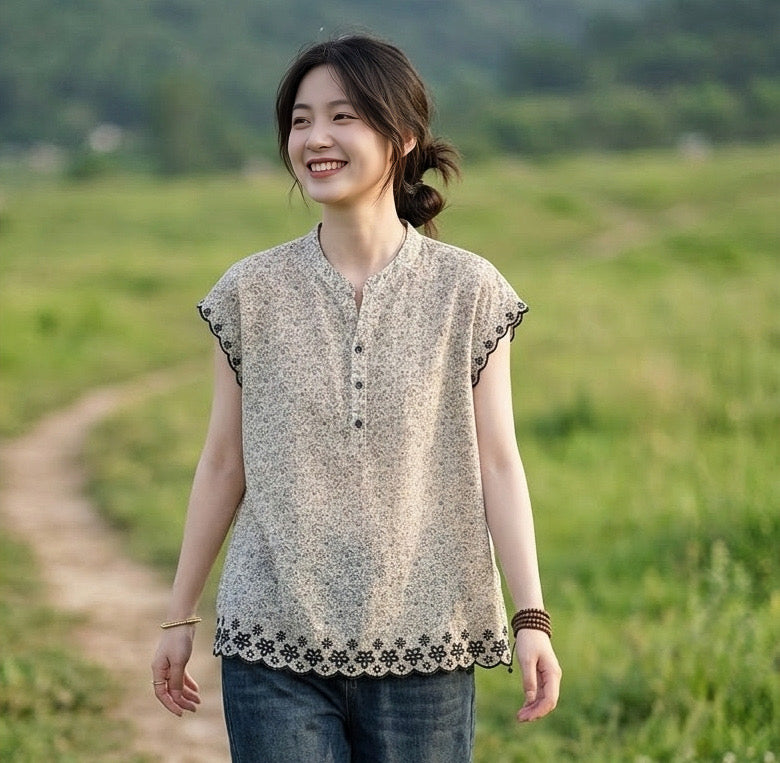เสื้อฝ้ายผสมลินินลายดอกแต่งงานปัก รุ่น B186