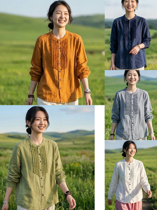 เสื้อคอจีนผ้าสาลูญี่ปุ่นแต่งระบายหน้าอก รุ่น 127