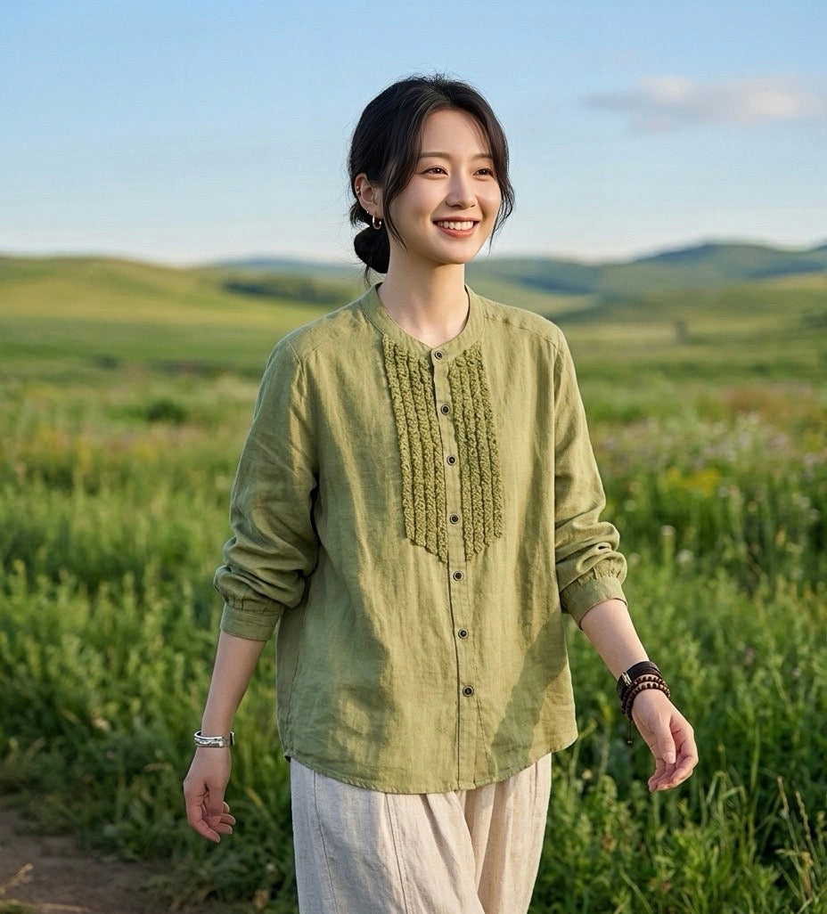 เสื้อคอจีนผ้าสาลูญี่ปุ่นแต่งระบายหน้าอก รุ่น 127