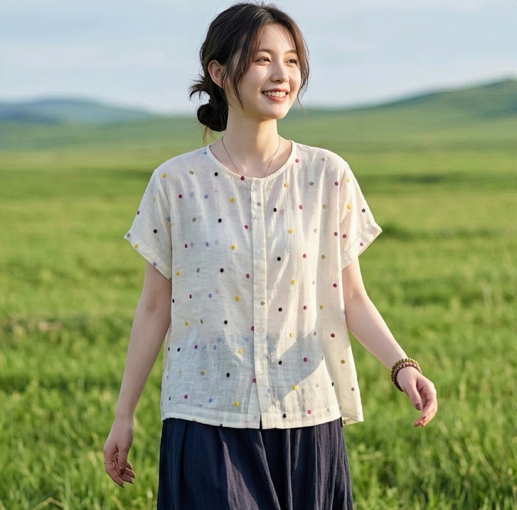 เสื้อลินินปักจุดหลากสี รุ่น W183