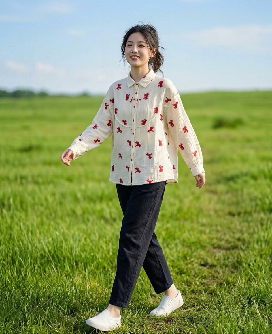 เสื้อเชิ้ตคอตตอนสาลูญี่ปุ่นปักลายน้องม้า รุ่น M126