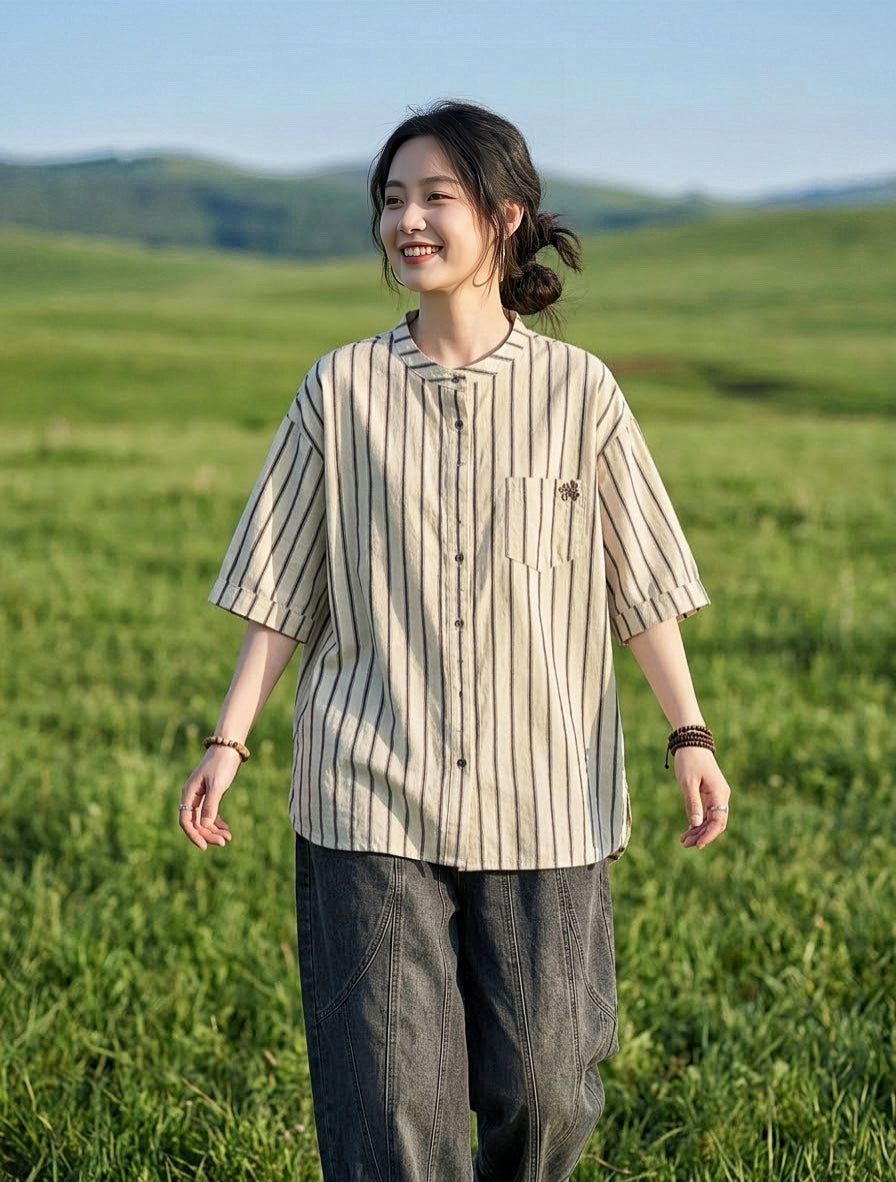 เสื้อเชิ้ตคอตตอนญี่ปุ่นลายทางทรงยาว รุ่น C221