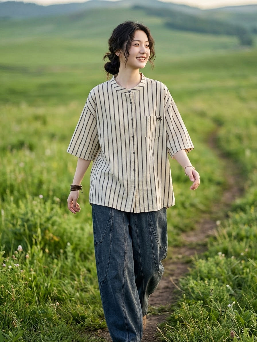 เสื้อเชิ้ตคอตตอนญี่ปุ่นลายทางทรงยาว รุ่น C221