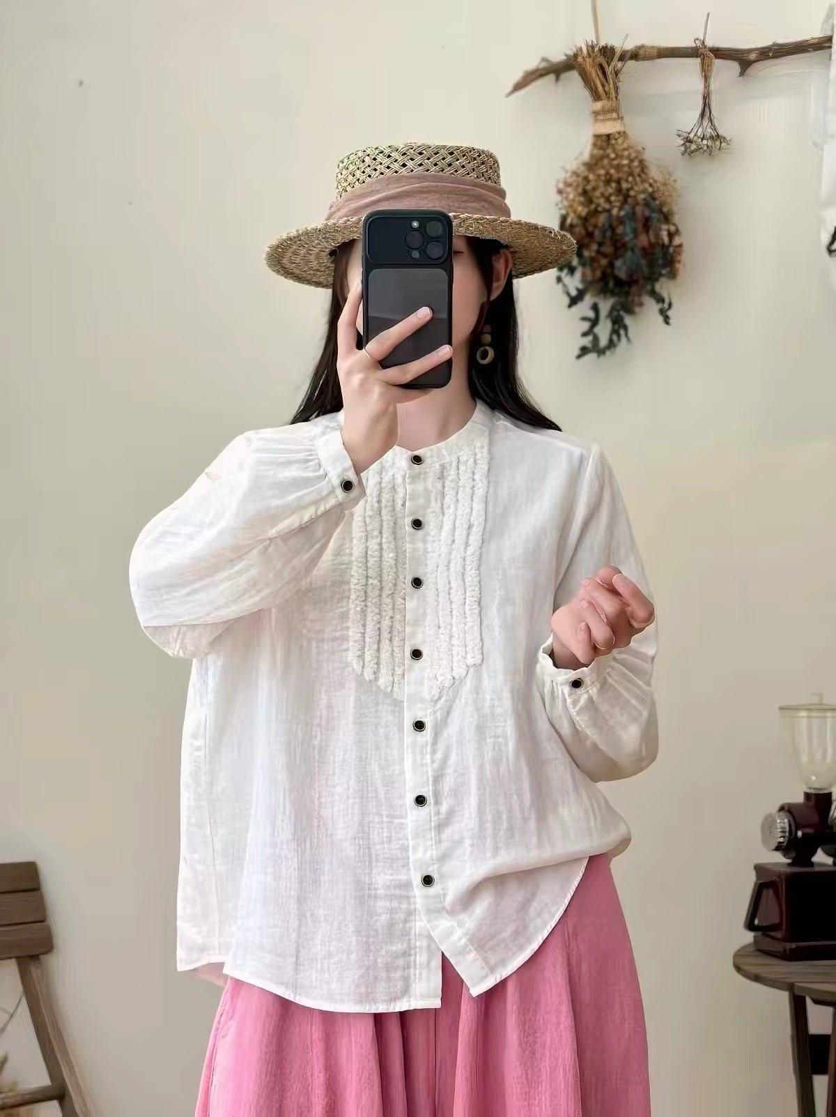 เสื้อคอจีนผ้าสาลูญี่ปุ่นแต่งระบายหน้าอก รุ่น 127