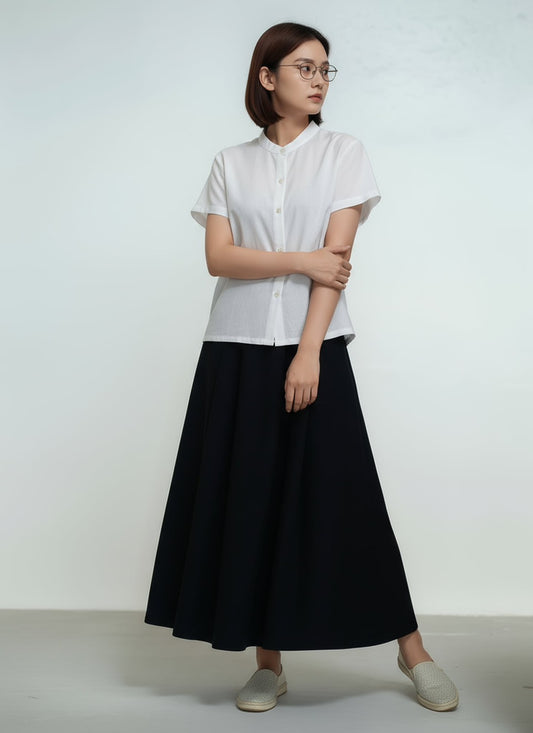 K011_กระโปรงยาวผ้าลูกฟูกหน้าเรียบ เอวยืดรอบตัว คลุมเข่า ทรงสวยมินิมอล