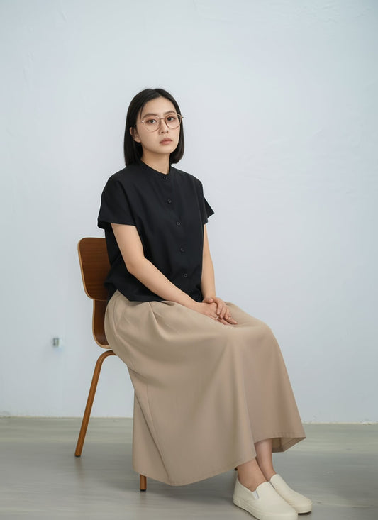 K011_กระโปรงยาวผ้าลูกฟูกหน้าเรียบ เอวยืดรอบตัว คลุมเข่า ทรงสวยมินิมอล