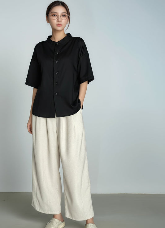 D451_คอจีนแขนสั้น ผ้าคอตตอนวอชเชอร์เนื้อนิ่ม ทรงหลวมมินิมัล