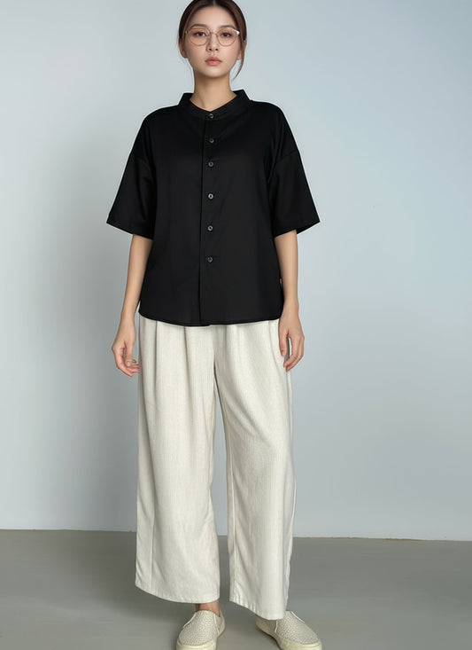 D451_คอจีนแขนสั้น ผ้าคอตตอนวอชเชอร์เนื้อนิ่ม ทรงหลวมมินิมัล