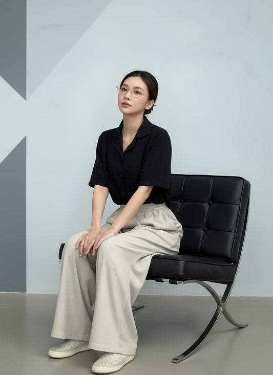 B56_ผ้าวอชเชอร์ทรงมินิมัล ดีไซน์คอปกสุดคลีน ใ