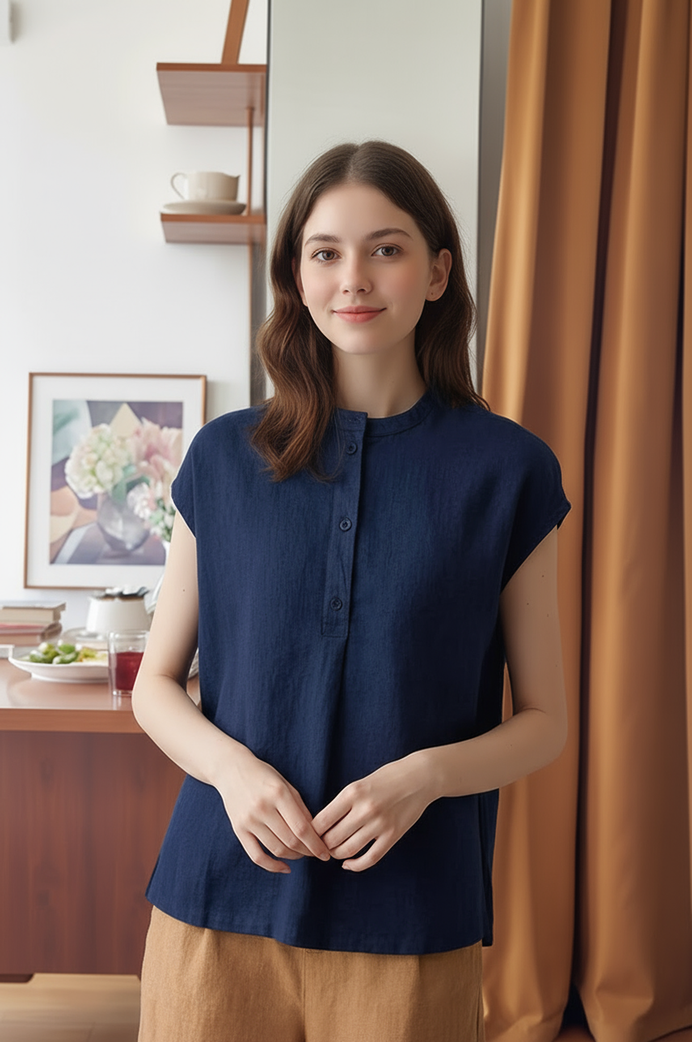 S8_Washer Cotton Mandarin Collar Top – Minimal Calm Edition