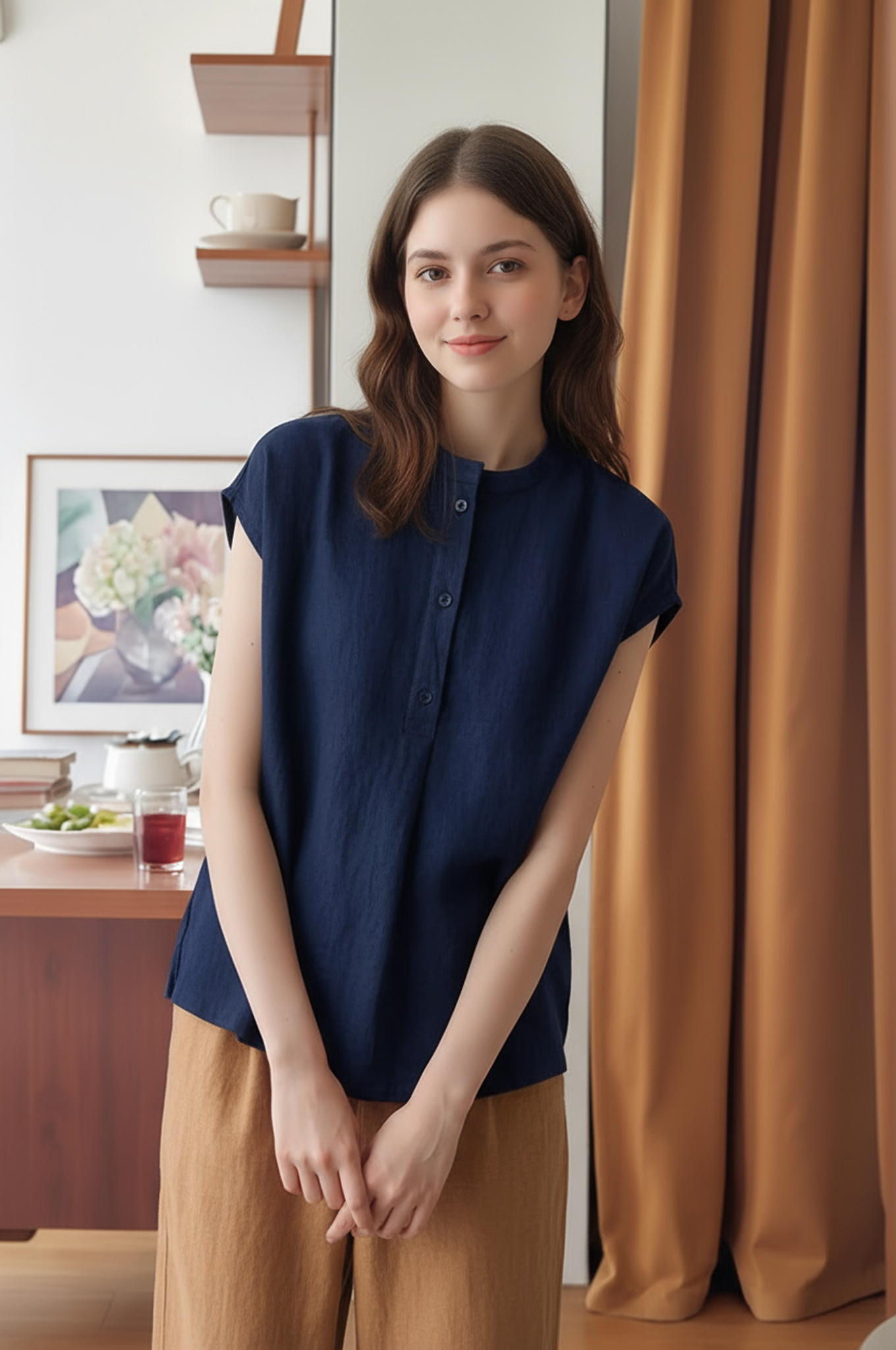 S8_Washer Cotton Mandarin Collar Top – Minimal Calm Edition