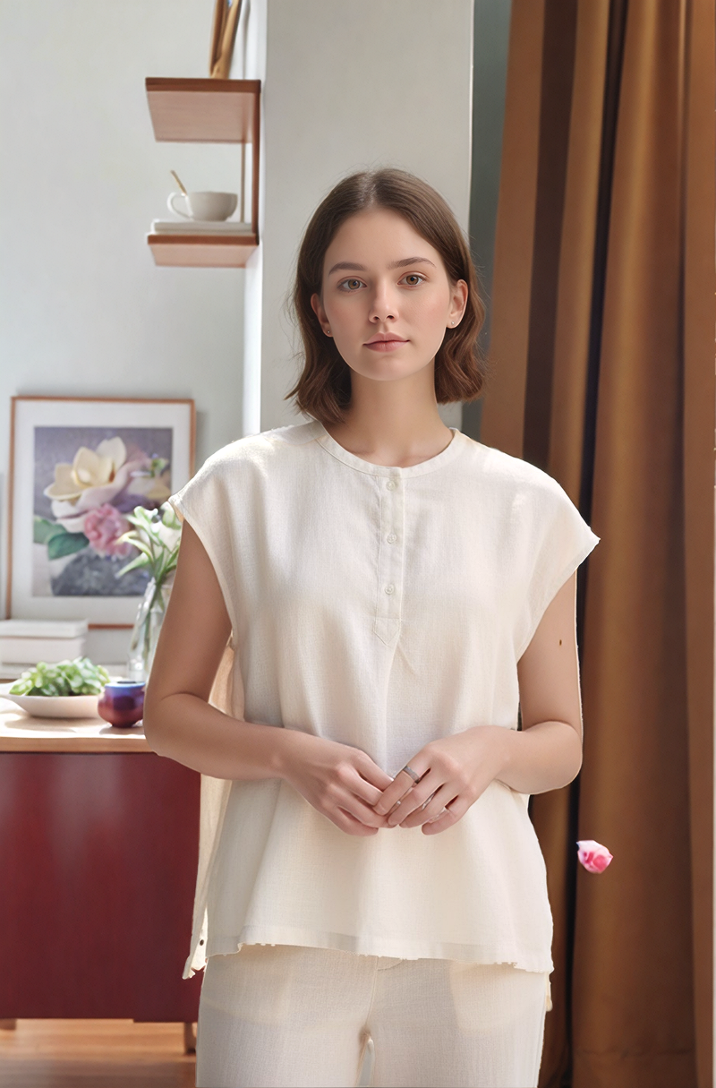 S8_Washer Cotton Mandarin Collar Top – Minimal Calm Edition