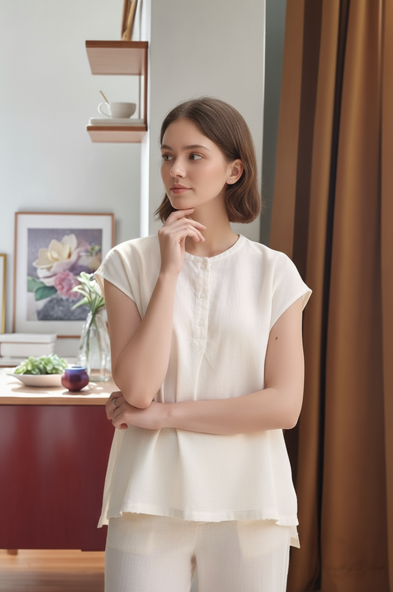 S8_Washer Cotton Mandarin Collar Top – Minimal Calm Edition