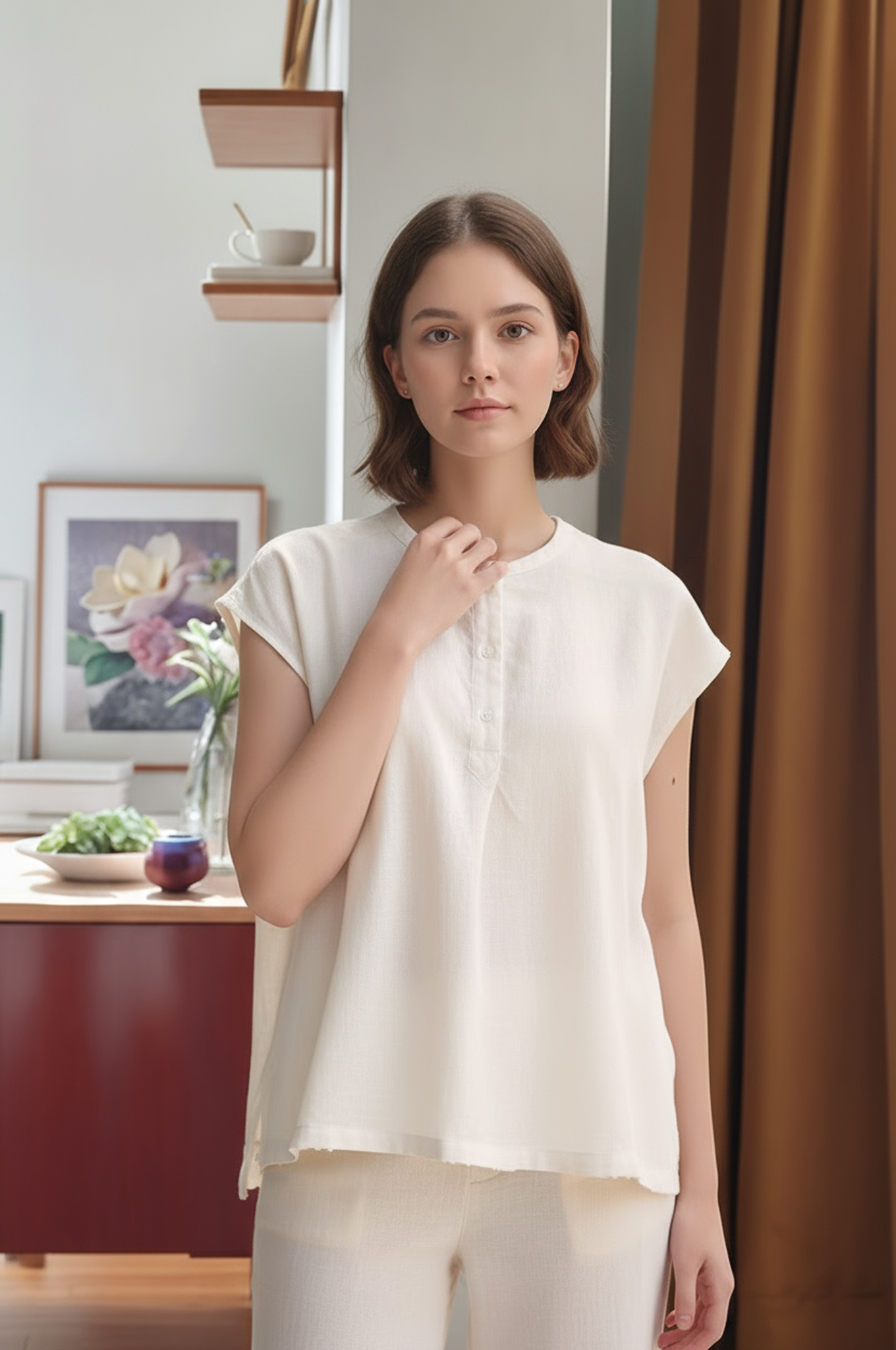 S8_Washer Cotton Mandarin Collar Top – Minimal Calm Edition