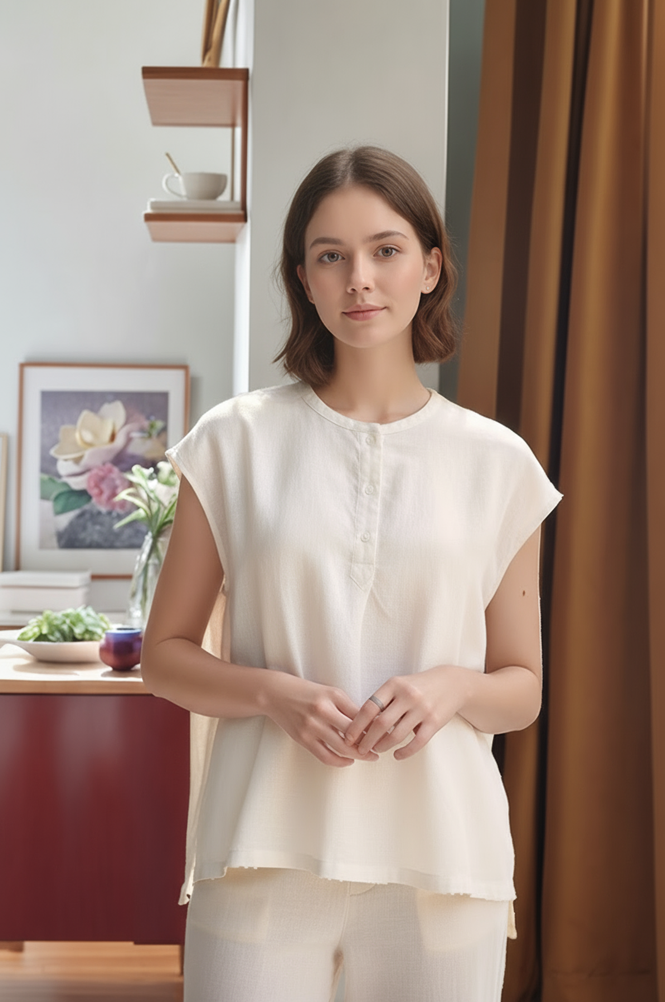 S8_Washer Cotton Mandarin Collar Top – Minimal Calm Edition