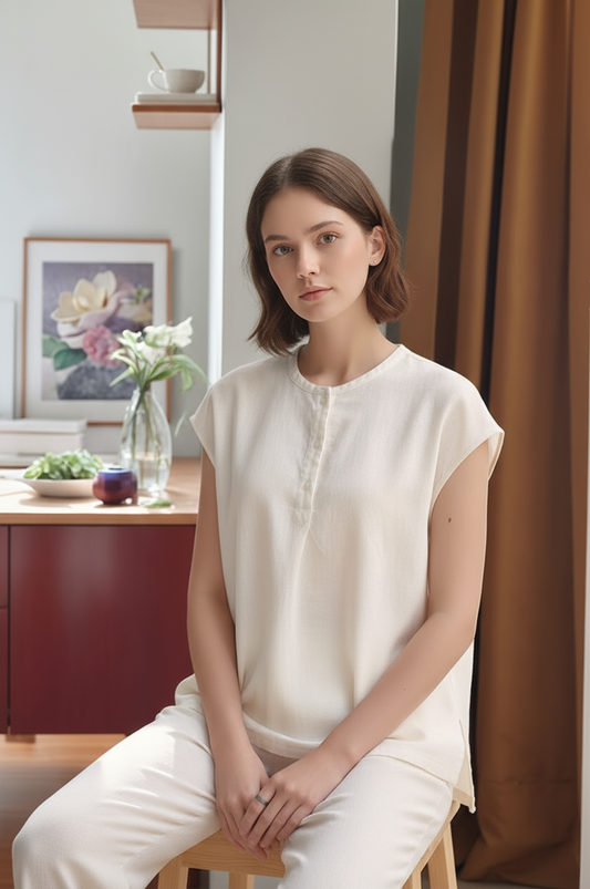 S8_Washer Cotton Mandarin Collar Top – Minimal Calm Edition