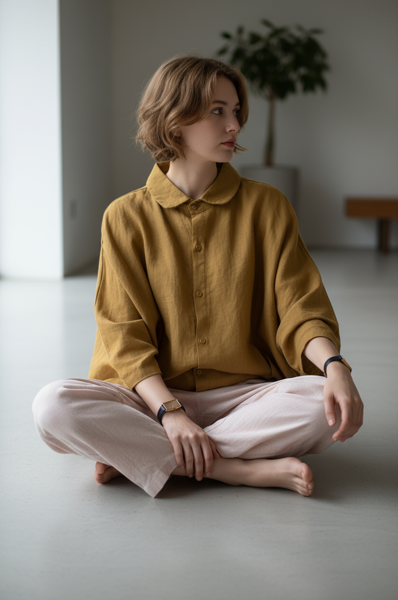 S398_Washer Cotton Oversized Blouse with Peter Pan Collar – Mustard