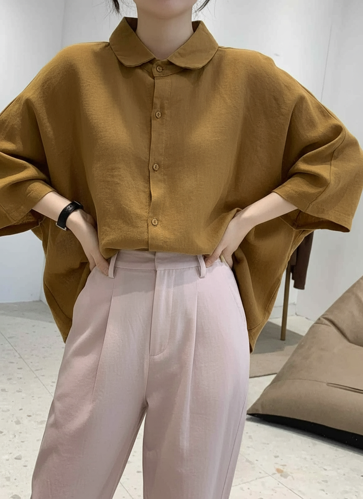 S398_Washer Cotton Oversized Blouse with Peter Pan Collar – Mustard