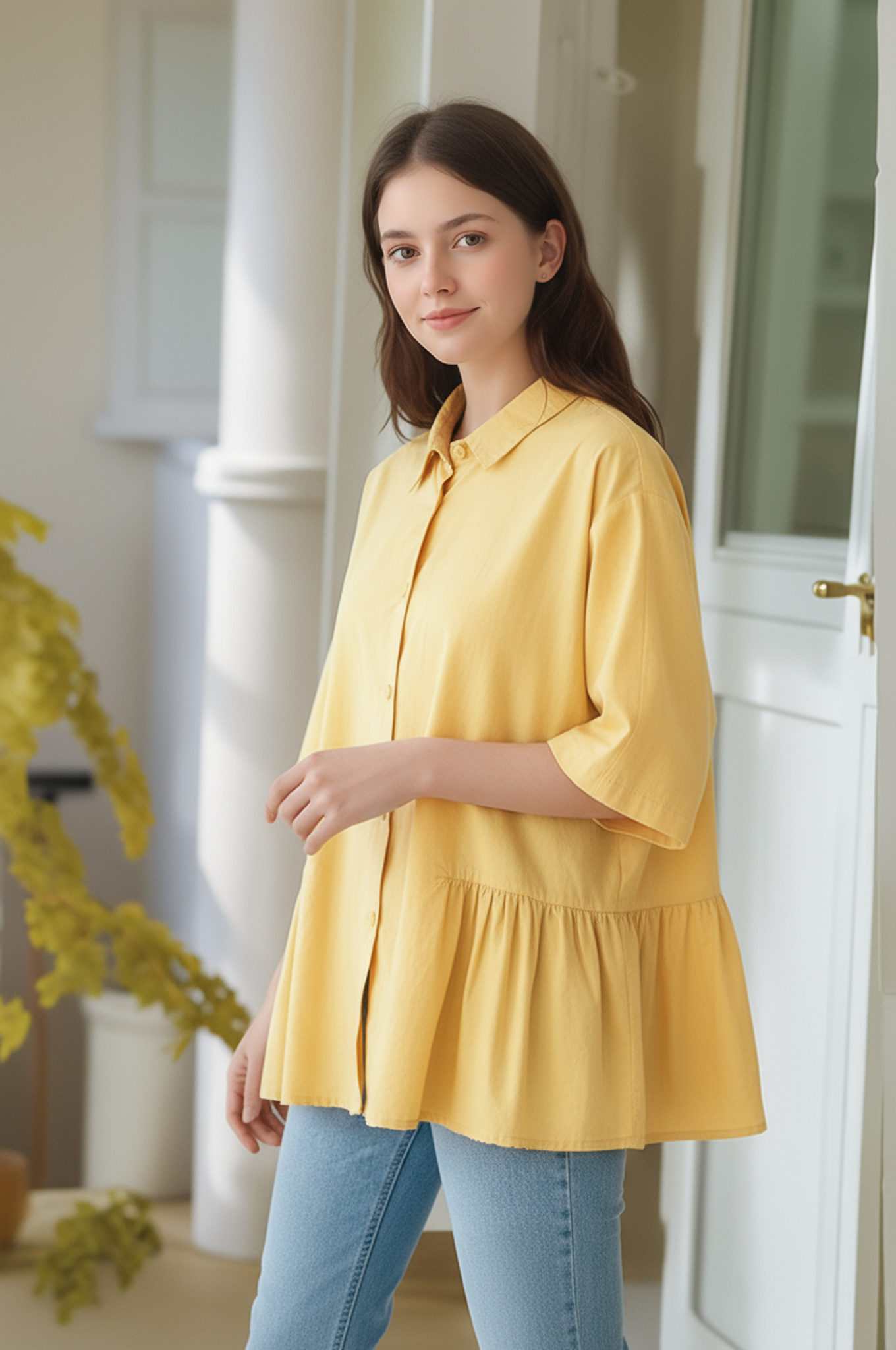 S422_Washer Cotton Pleated Hem Shirt – Minimal Japanese Style
