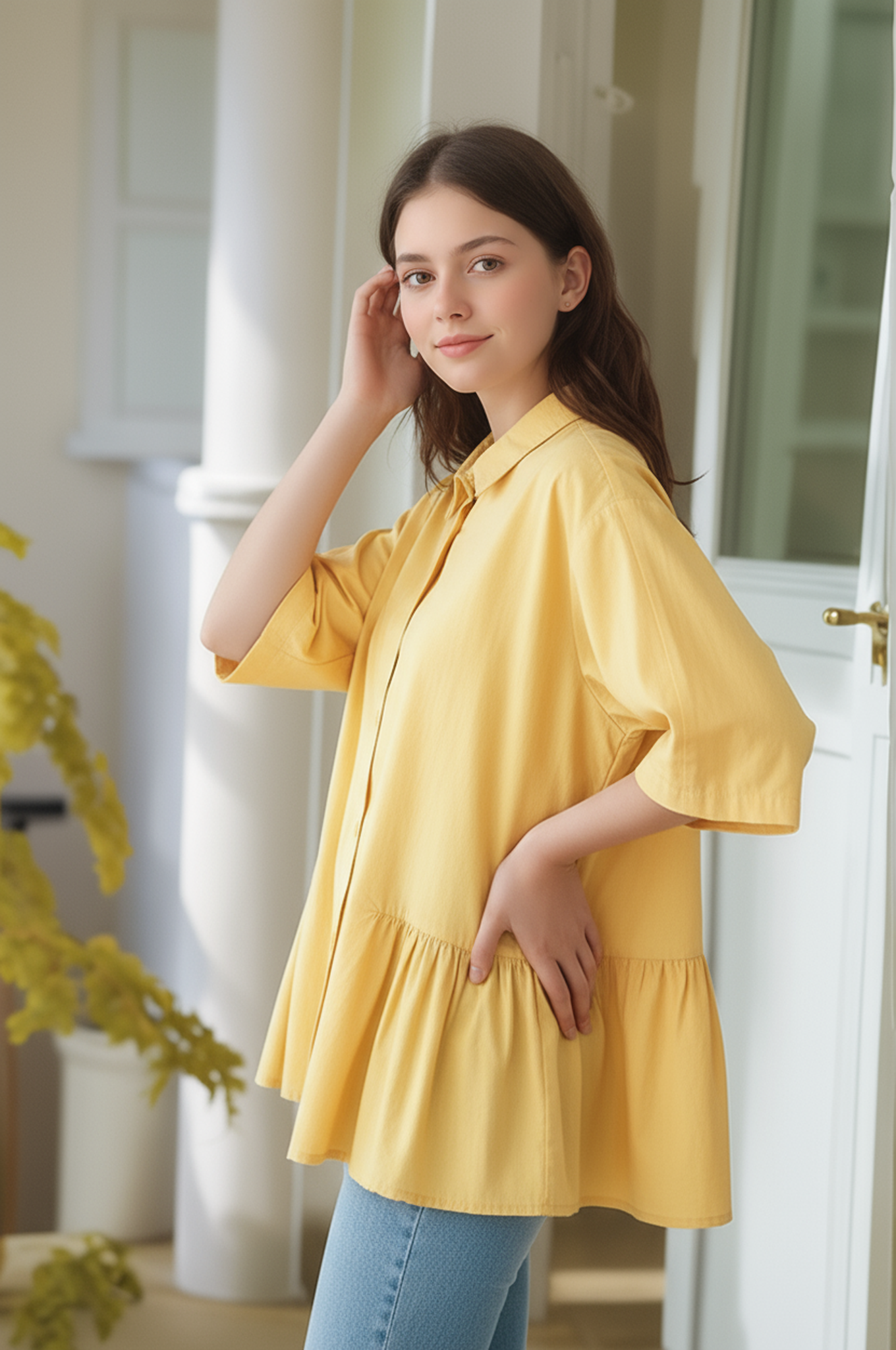 S422_Washer Cotton Pleated Hem Shirt – Minimal Japanese Style