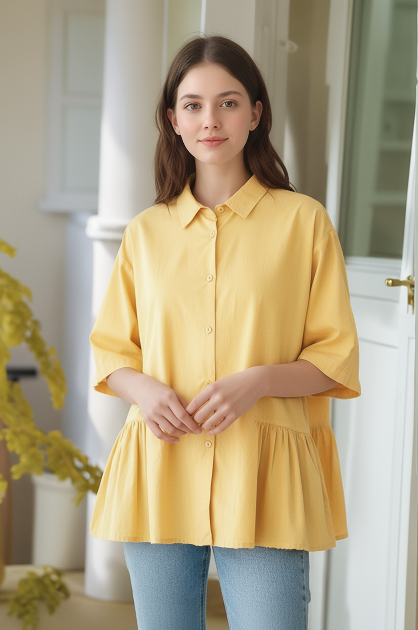 S422_Washer Cotton Pleated Hem Shirt – Minimal Japanese Style
