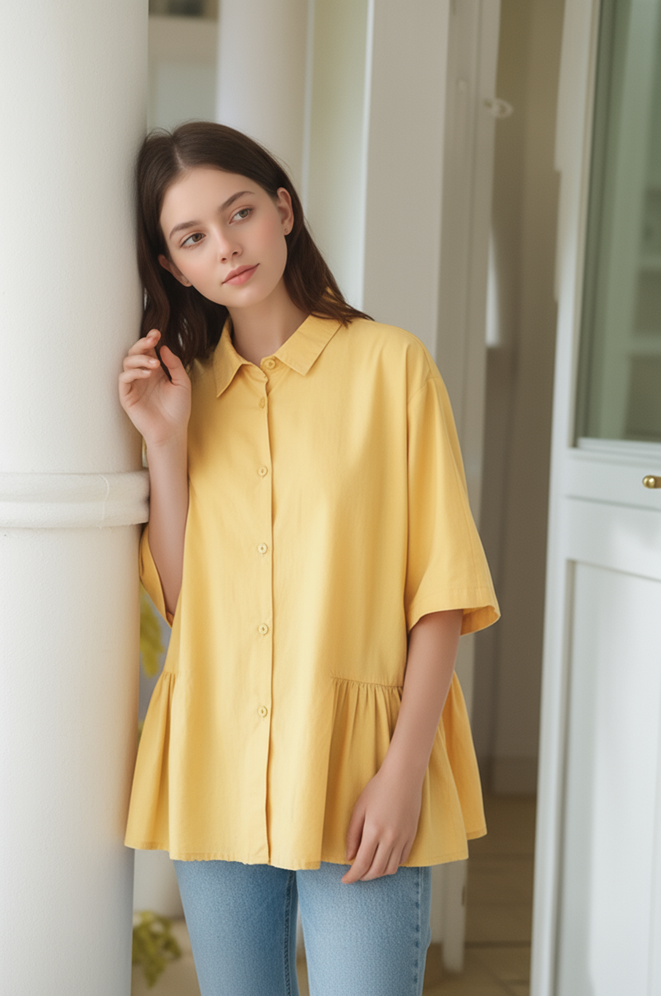 S422_Washer Cotton Pleated Hem Shirt – Minimal Japanese Style