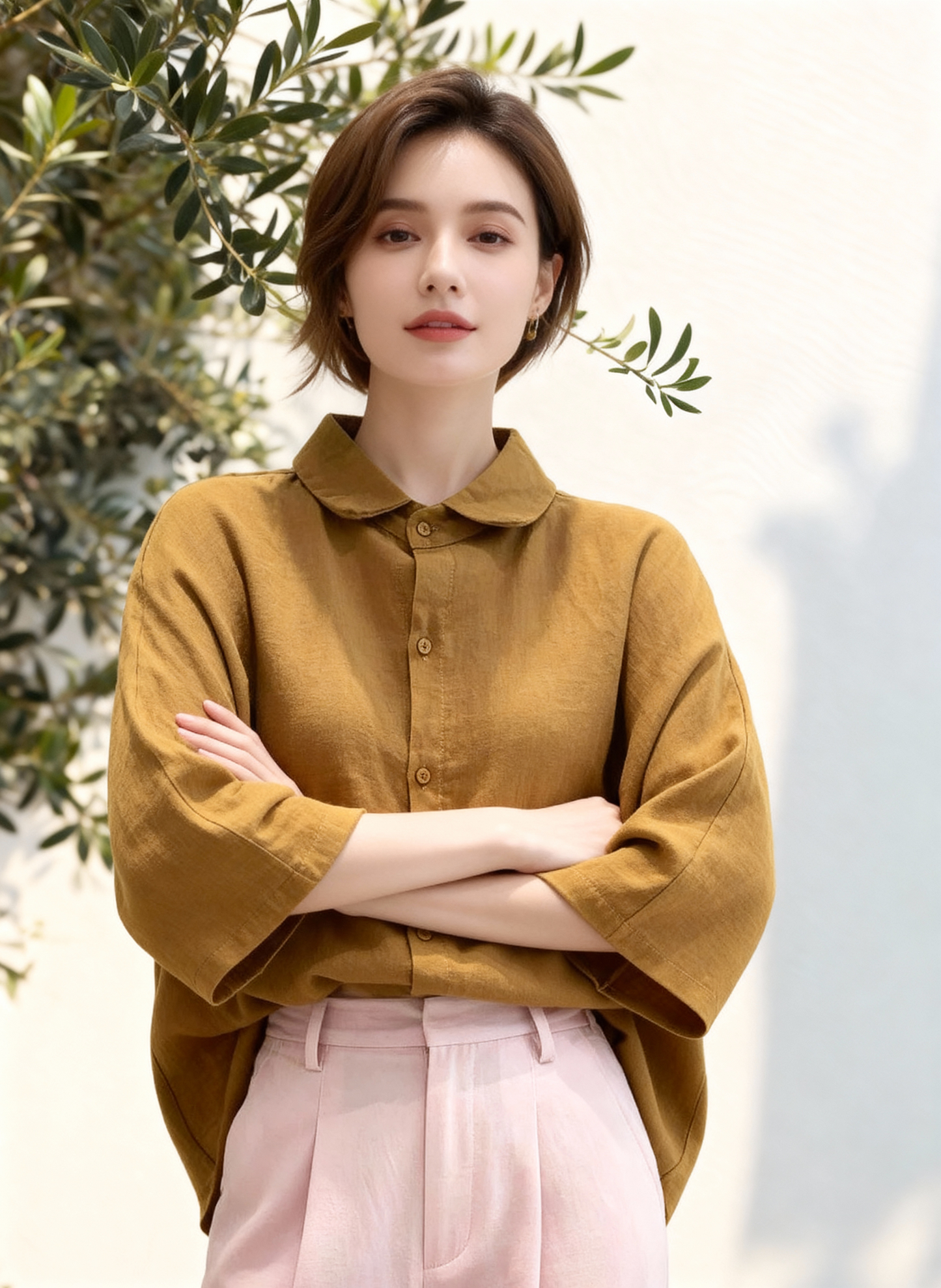 S398_Washer Cotton Oversized Blouse with Peter Pan Collar – Mustard