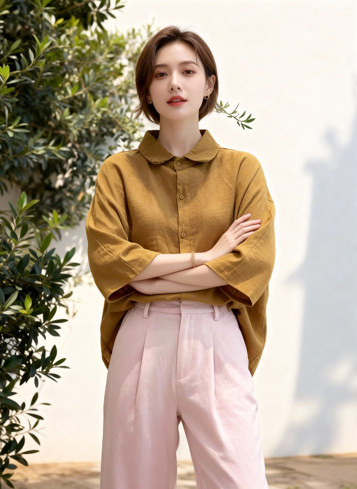 S398_Washer Cotton Oversized Blouse with Peter Pan Collar – Mustard