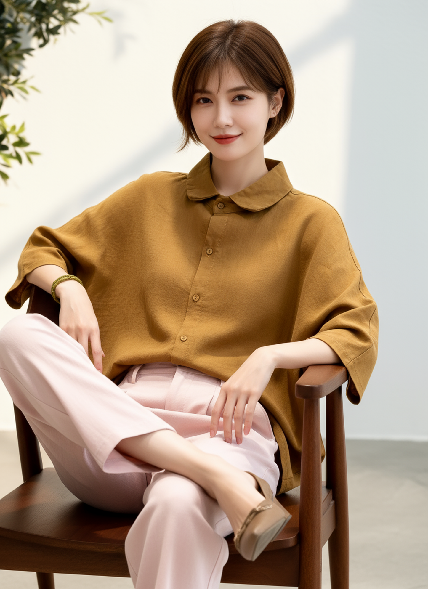 S398_Washer Cotton Oversized Blouse with Peter Pan Collar – Mustard