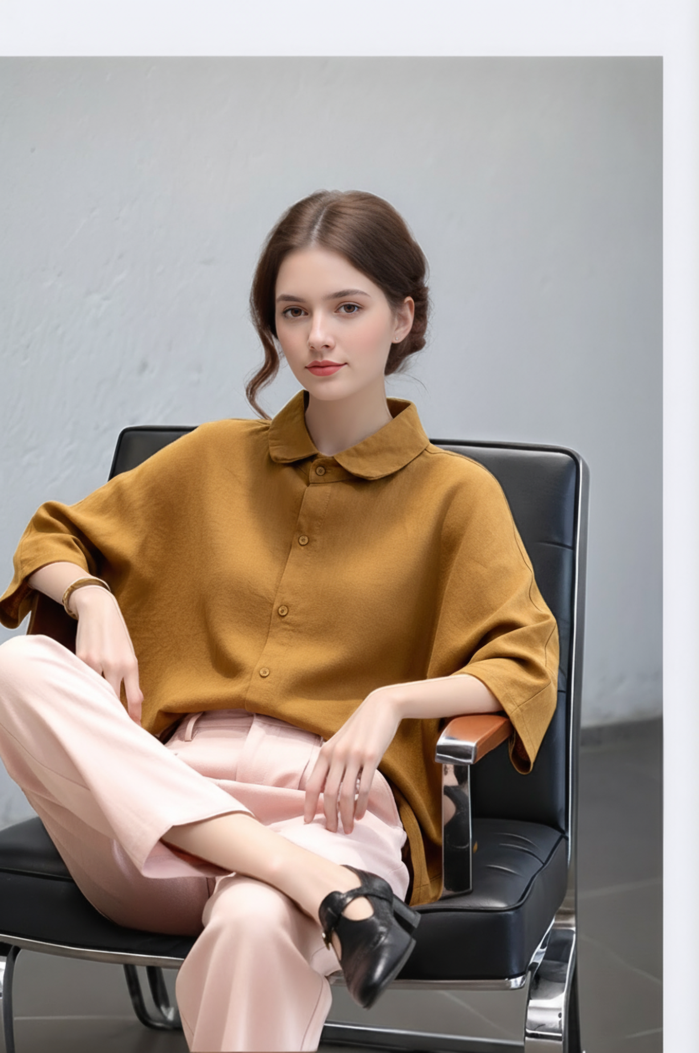 S398_Washer Cotton Oversized Blouse with Peter Pan Collar – Mustard