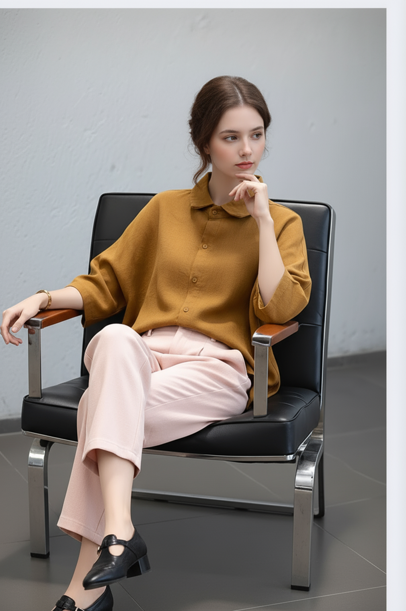 S398_Washer Cotton Oversized Blouse with Peter Pan Collar – Mustard