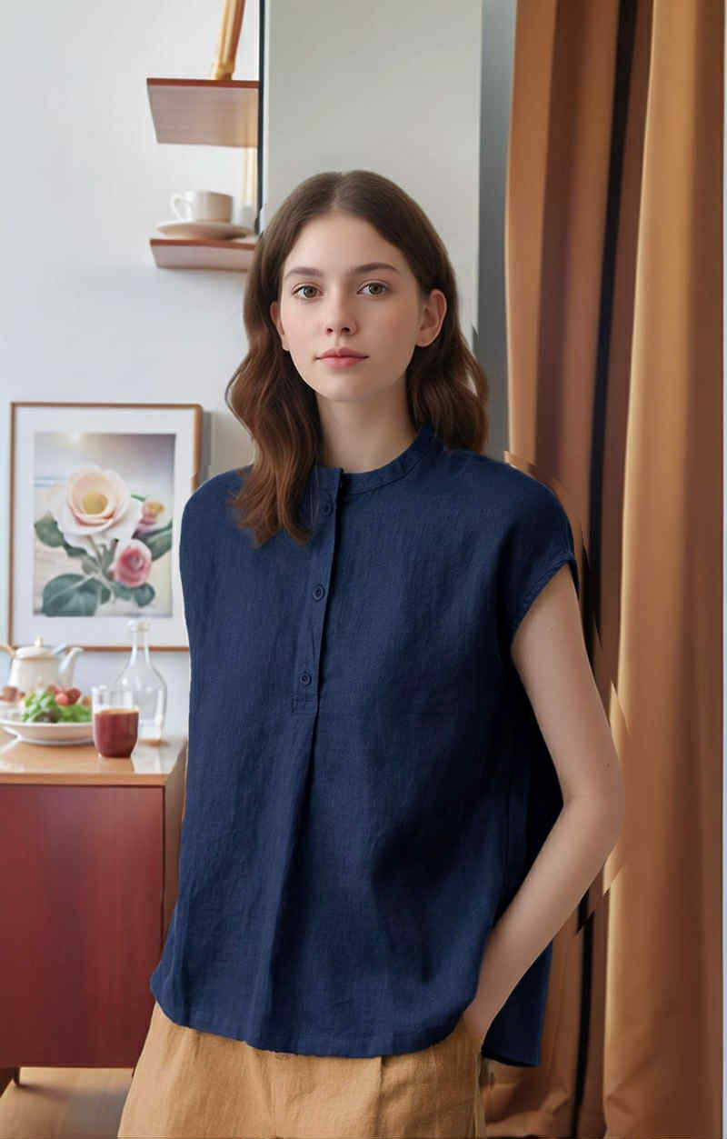 S8_Washer Cotton Mandarin Collar Top – Minimal Calm Edition