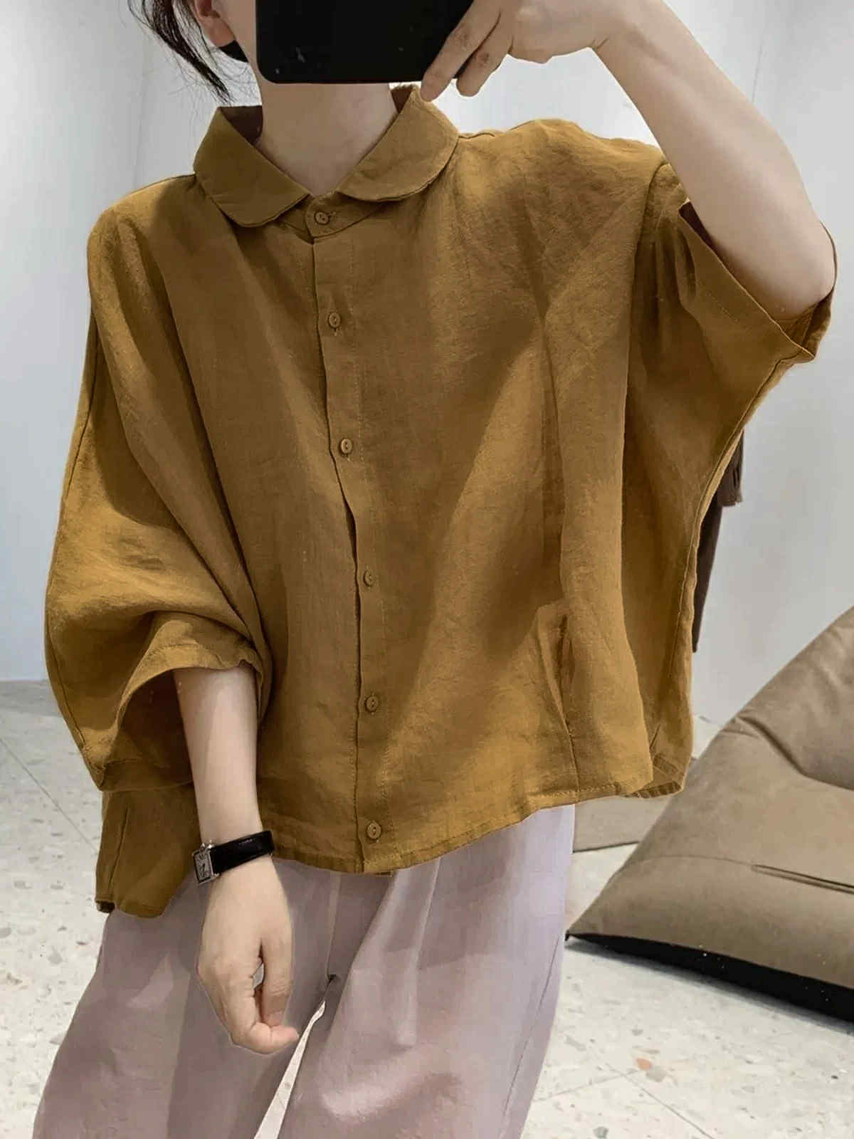 S398_Washer Cotton Oversized Blouse with Peter Pan Collar – Mustard