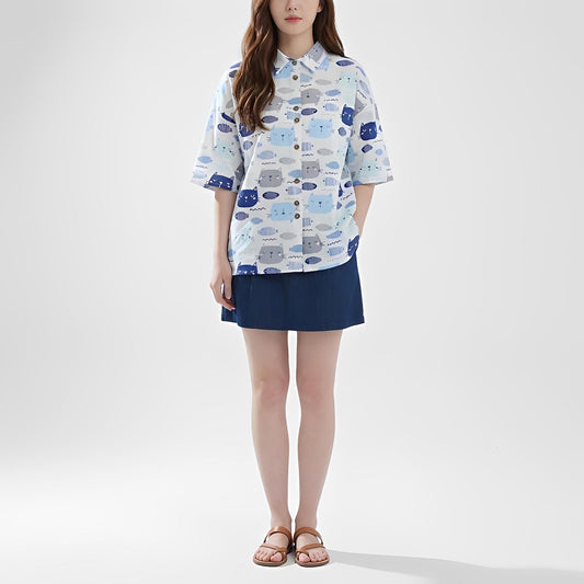 S435_Blue Catfish Cotton Twill Printed Shirt - PALIN2559