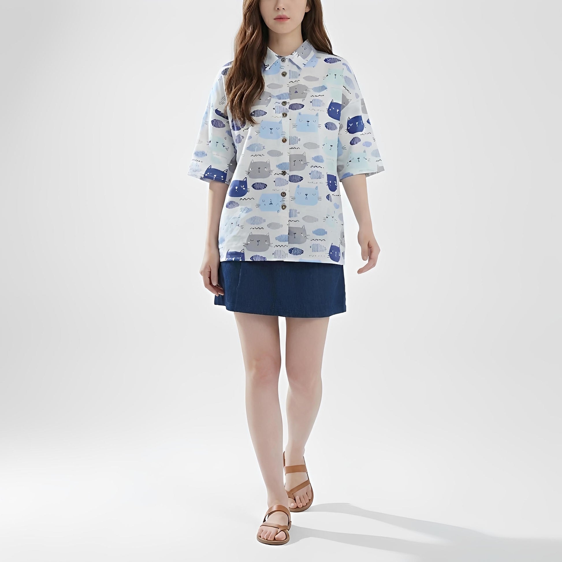 S435_Blue Catfish Cotton Twill Printed Shirt - PALIN2559