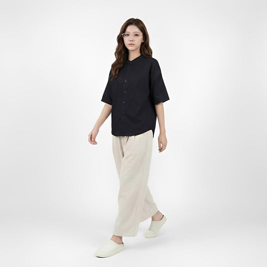 D451_คอจีนแขนสั้น ผ้าคอตตอนวอชเชอร์เนื้อนิ่ม ทรงหลวมมินิมัล