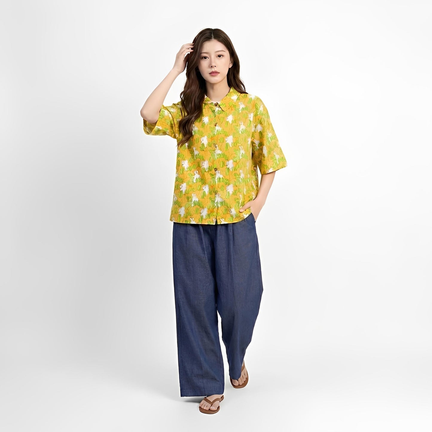 S395_Garden Rabbit Twill Cotton Asymmetric Top - PALIN2559