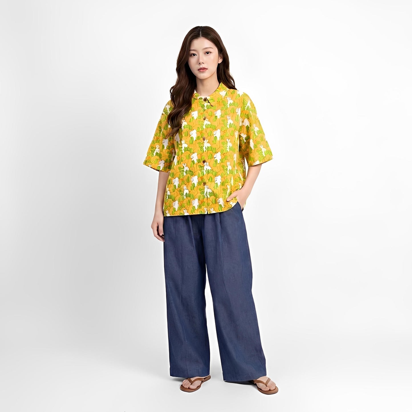 S395_Garden Rabbit Twill Cotton Asymmetric Top - PALIN2559