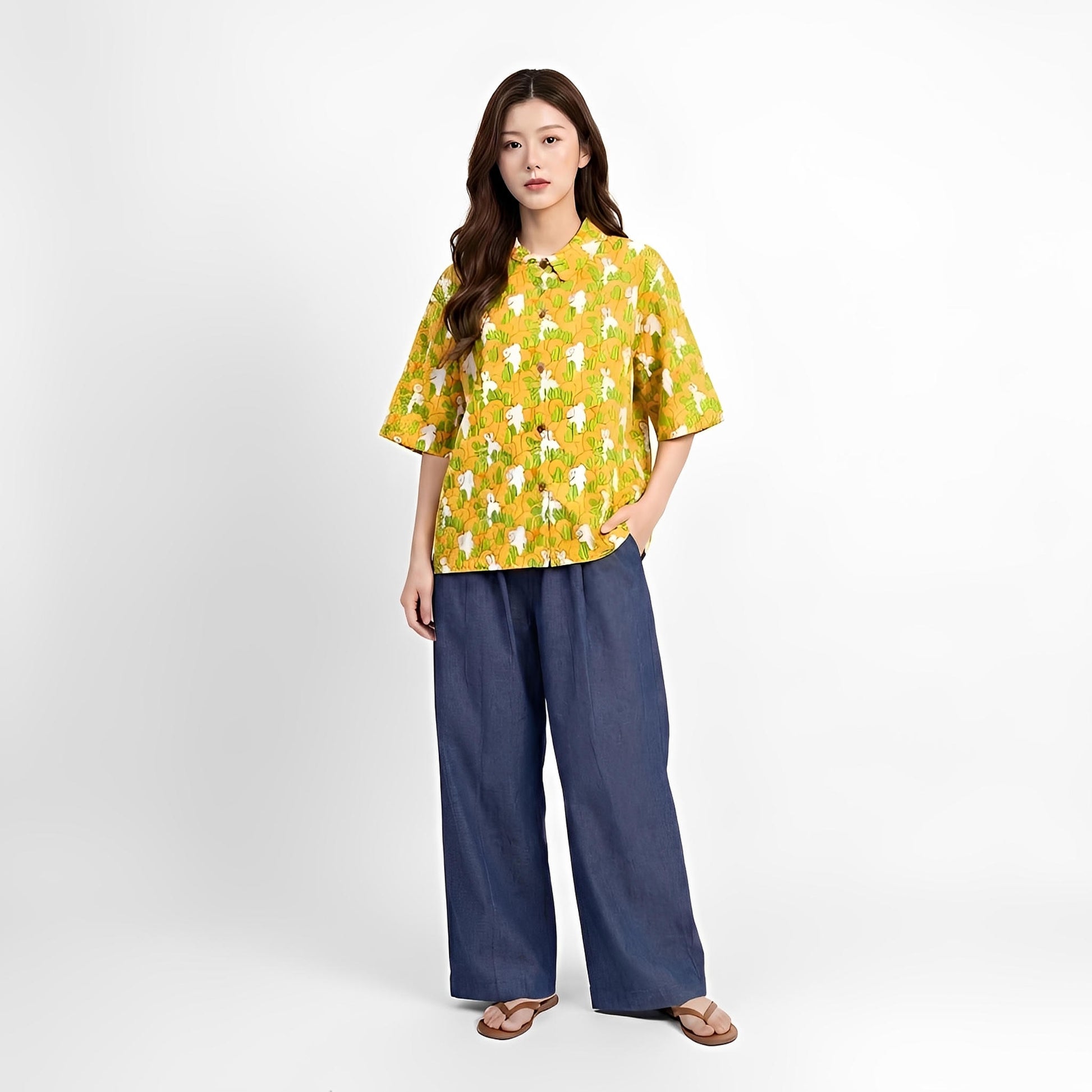 S395_Garden Rabbit Twill Cotton Asymmetric Top - PALIN2559